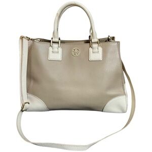 Tory Burch East West Robinson Satchel Tote Color Block Mid Camel Ivory